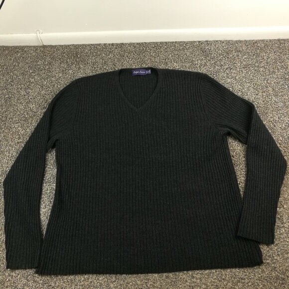Ralph Lauren Purple Label Sweater Cashmere Ribbed V Neck Charcoal Gray Mens XL - Picture 2 of 11